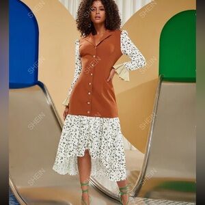 Melani Plant Print Flounce Sleeve Ruffle Hem Lapel Neck Dress 1920s